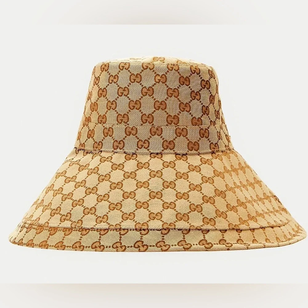 Gucci Beige GG Monogram Bucket Hat Wide Large Brim Jacquard Canvas Sun Beach - Picture 4 of 16